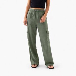 GAP Linen Blend Wide Leg Cargo Pull On Pant SMALL TALL Travel Green Drawstring